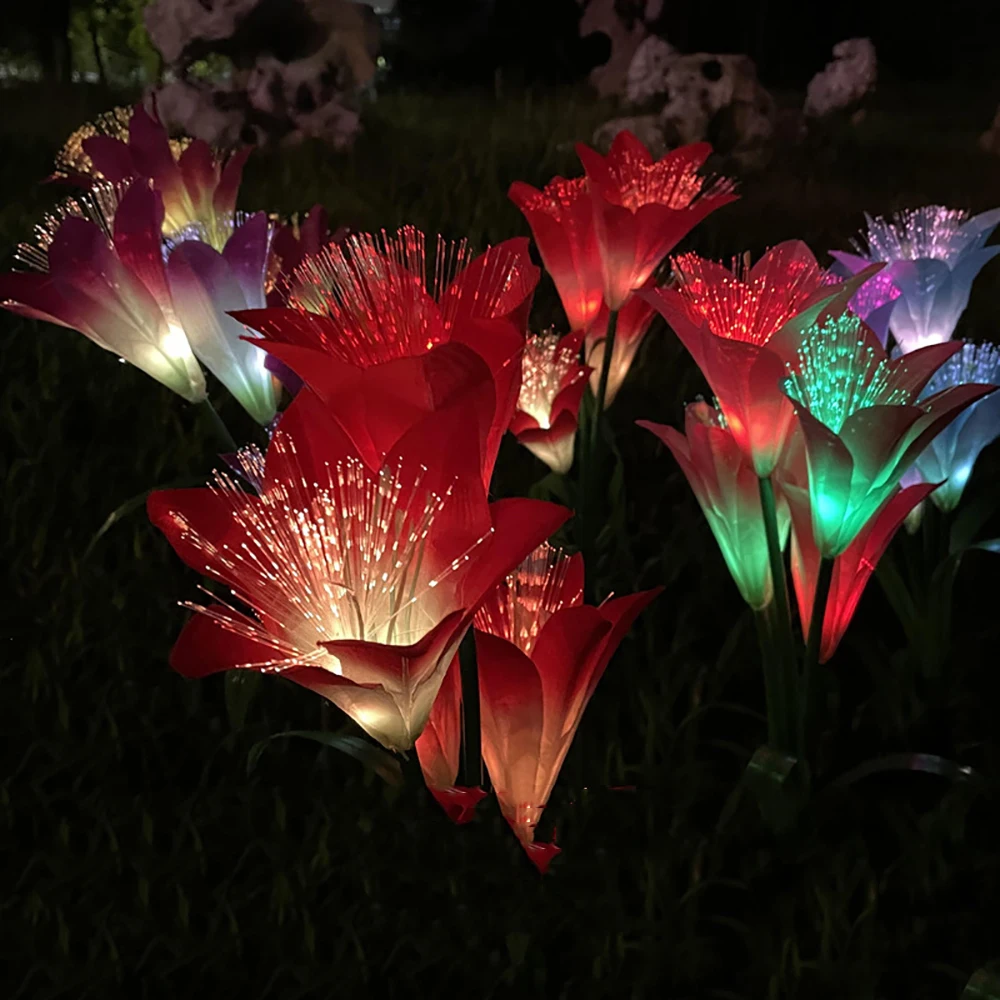 Luci solari in fibra ottica per esterni a forma di giglio, per giardino e orto, impermeabili, lampada da prato a LED a 7 colori per la decorazione del cortile_voghion.com