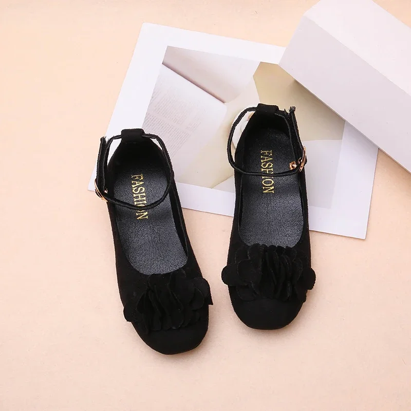 Black Leather Ankle Strap High Heels for Kids School Uniform