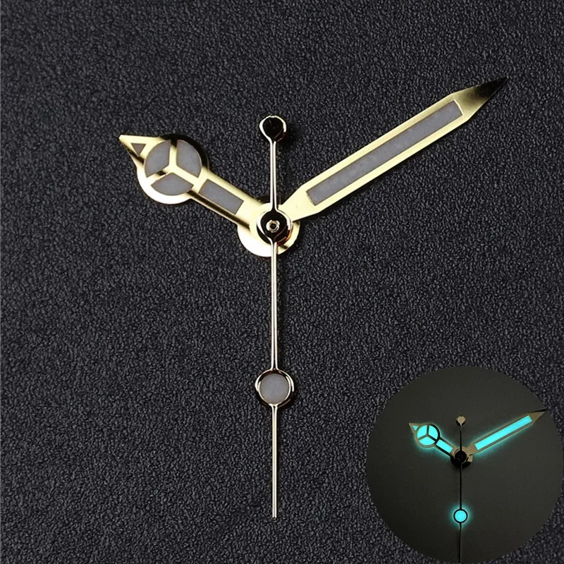 Elegant Polished Silver and Gold Watch Hands with Bright Green and Blue Luminous Finish