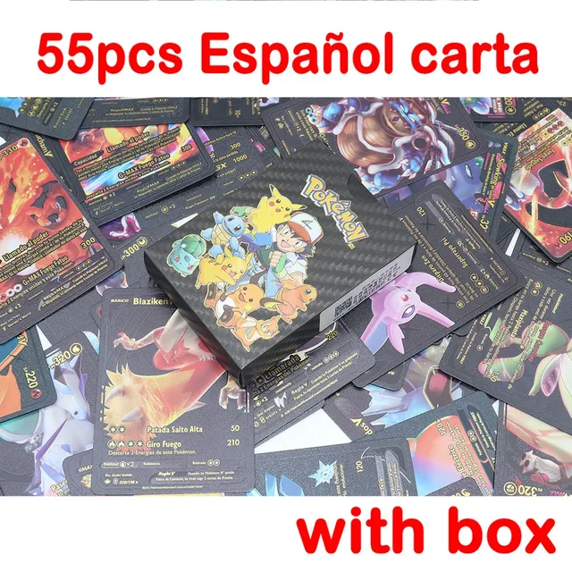 Pokemon Metal Card Spanish Box Gold Black Golden Letters Silver English Vmax Gx Collection Charizard Pikachu Cards Pack Toy Gift 55pcs Spanish black