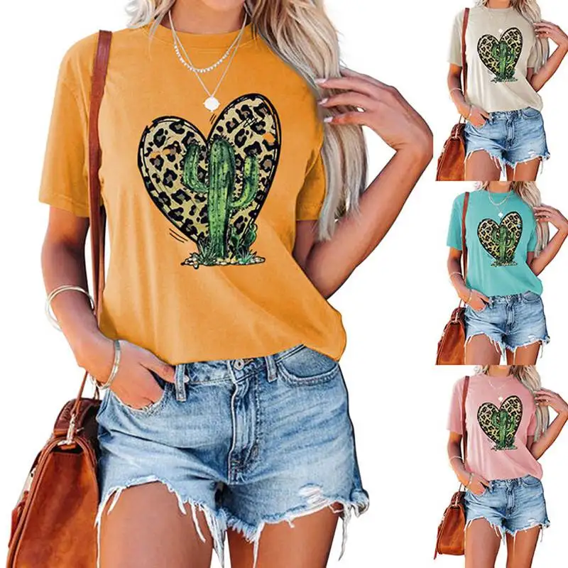 

2022Summer new women's leopard print love cactus print trend retro round neck simple short sleeve T-shirt