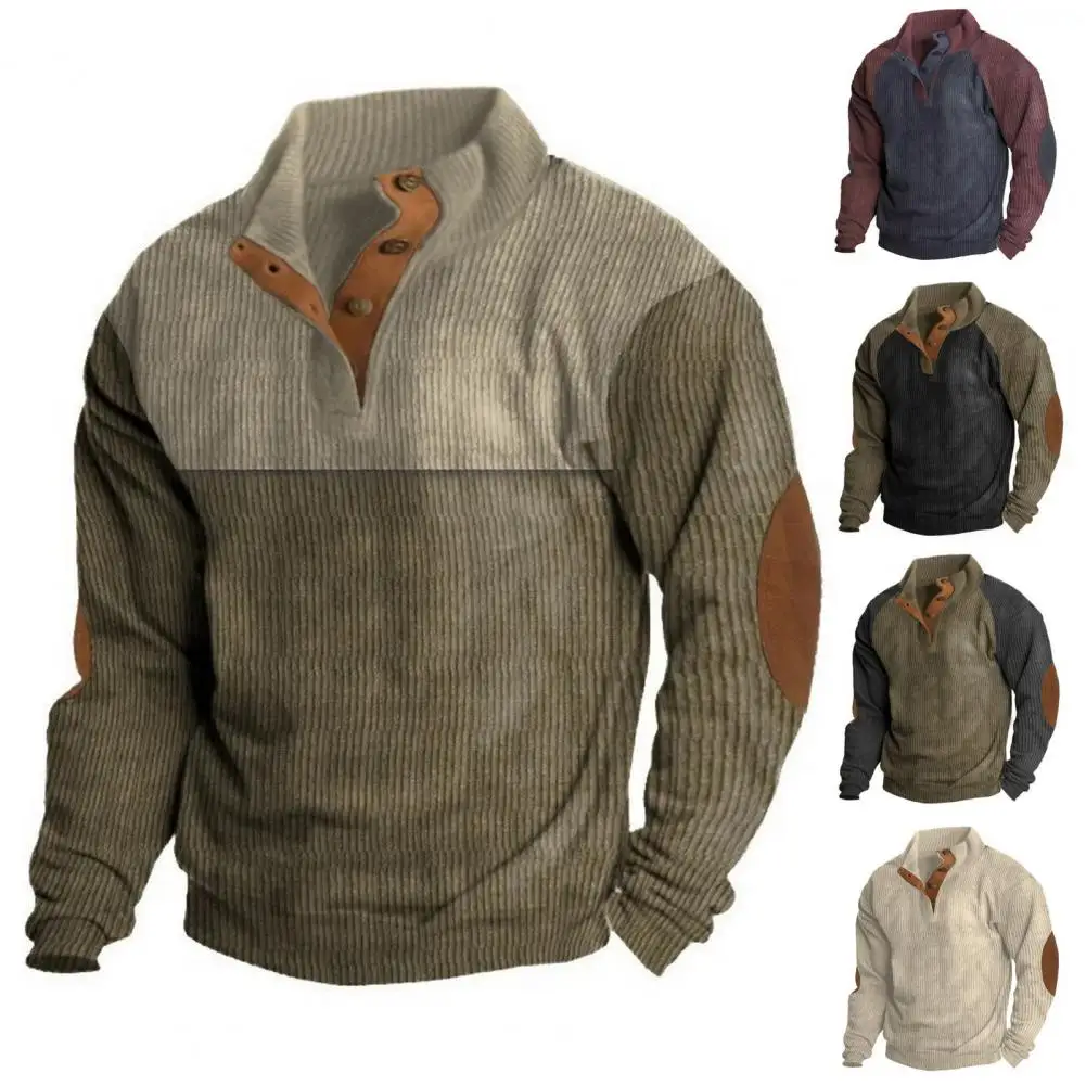 

2024 Men Contrast Patchwork Sweatshirt Mens Hoodies Casual Loose Long Sleeve Sweatshirts Autumn Male Button Stand Collar Tops