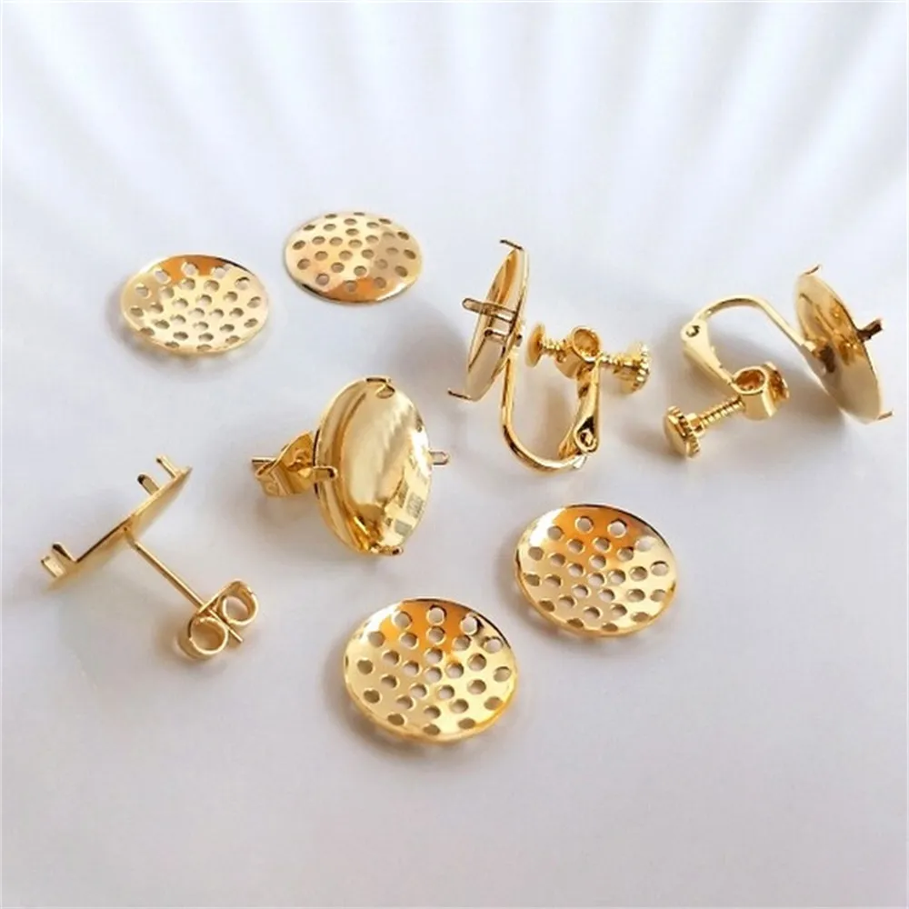 S925 Pure Silver Needle with Gold 18K Disk, Showerhead Earrings with Ear Gambling Ear Clip DIY Handmade Jewelry Accessories E049 14k pack real gold mesh disc screw ear clip showerhead tray handmade diy earring accessories earring buckle accessories