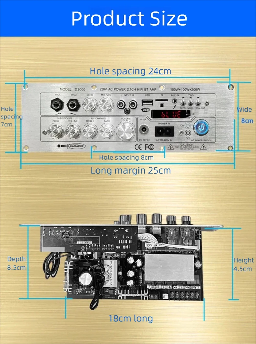 Sound Amplifier Board D2000 100W+100W+200W BT5.1 AUX/USB/TF Card Channel2.1 HiFi