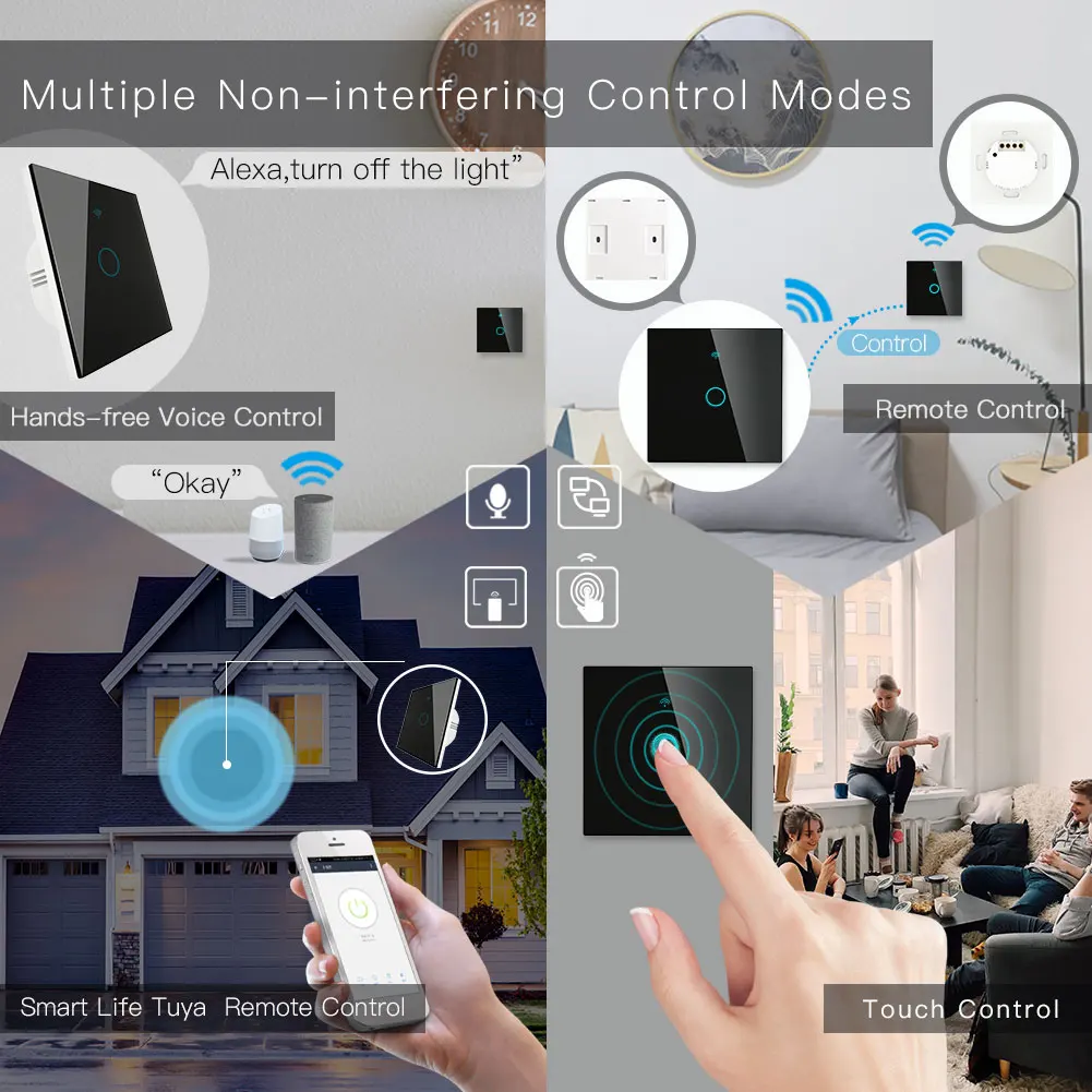 WiFi RF433 송신기 벽 패널 스마트 유리 패널 터치 스위치 1/2/3 갱 원격 제어 스위치는 Alexa, Google 홈과 함께 작동합니다.