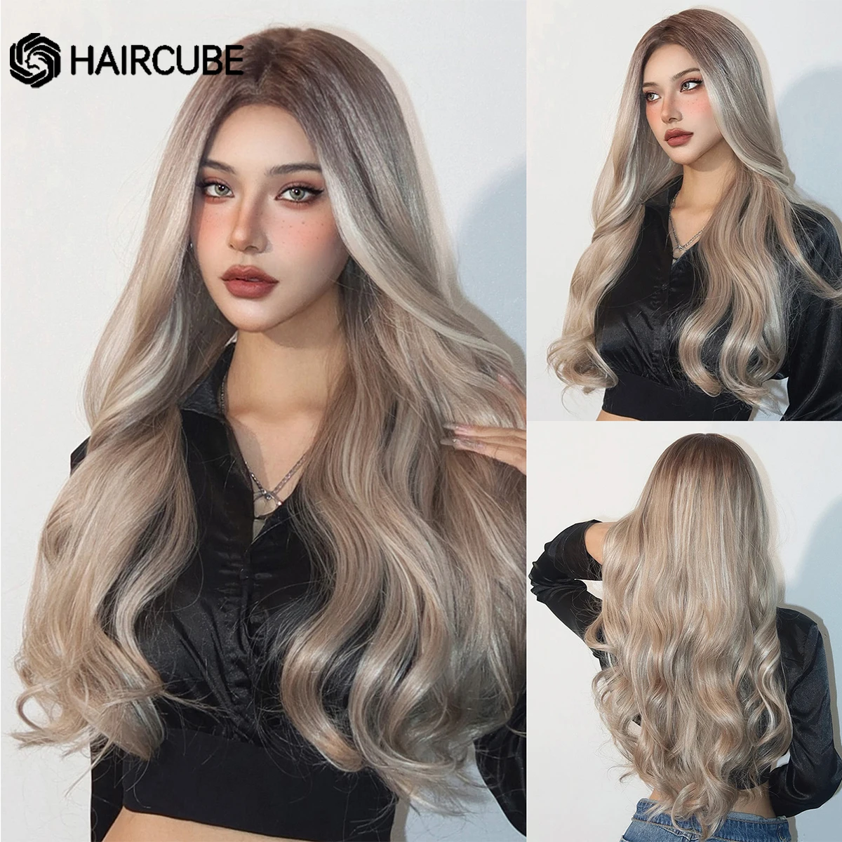 HAIRCUBE White Platinum Mixed Brown Synthetic Wigs Long Wavy Natural Hair Wigs for Women Middle Part Daily Heat Resistant Wigs