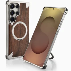 Eary Luxury Wood Frameless Case with 360° Rotatable Magnetic Ring Stand and Shockproof Bumper - Galaxy S25 Ultra (Natural Titanium)