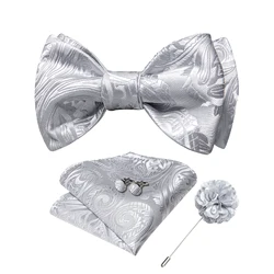 Luxury Silk Men's Self-tie Bowties Fashion Sliver Red Blue Butterfly Knots Pocket Square Brooch Set Free Shipping for Men Gift