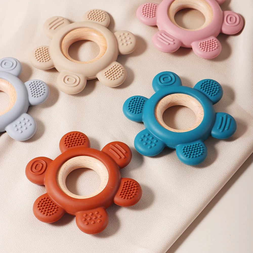 hot sale Baby wooden teether flower silicone teether Food Grade Safe Teether with wooden ring  Toy Teething gift 3