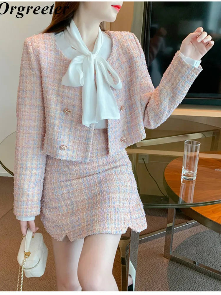 

Pink Tweed Coat Women's Two Piece Sets Sweet Double-breasted Short Jacket and High Waist Mini Skirt Suits Plaid Matching Sets