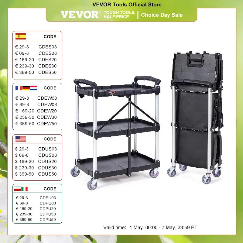 VEVOR-Chariot utilitaire roulant pliant à 3 niveaux, étagère de rangement, écart mobile, chariot de service T1, glissière mince, évaluation pour la cuisine, HOT