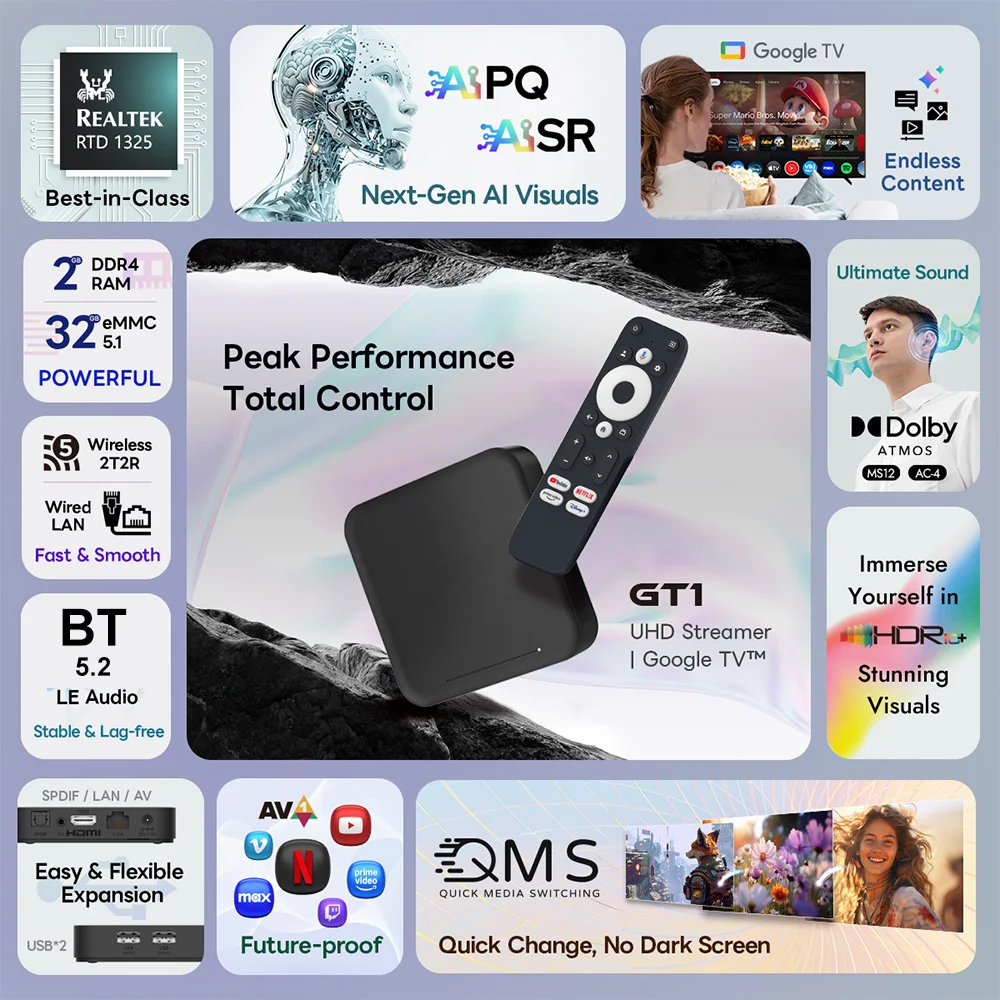 RockTek GT1 Netflix Google Certified UHD Google TV Box 2GB 32G Realtek1325 CPU Dolby Atmos Vision 2T2R Wifi5 BT5.2 Android Box