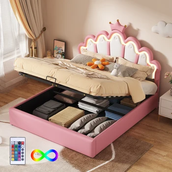 Letto per ragazza 140x200 cm, letto principessa con illuminazione ambientale regolabile, barra a corona, bellissimo letto matrimoniale, per camera da letto per giovani adulti 1