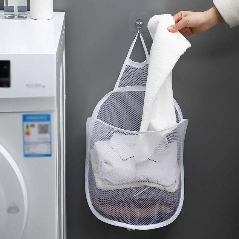 Portable Folding Laundry Basket Storage Bag Dirty Clothes Bathroom Clothes Mesh Storage Bag Home Wall Hanging Basket Bucket