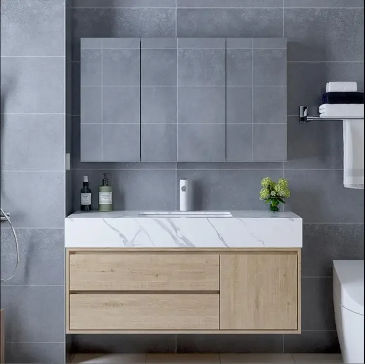 Italian Design Sanitary Ware Wall Mounted Mirrored Bathroom Vanity Cabinets With LED Mirror