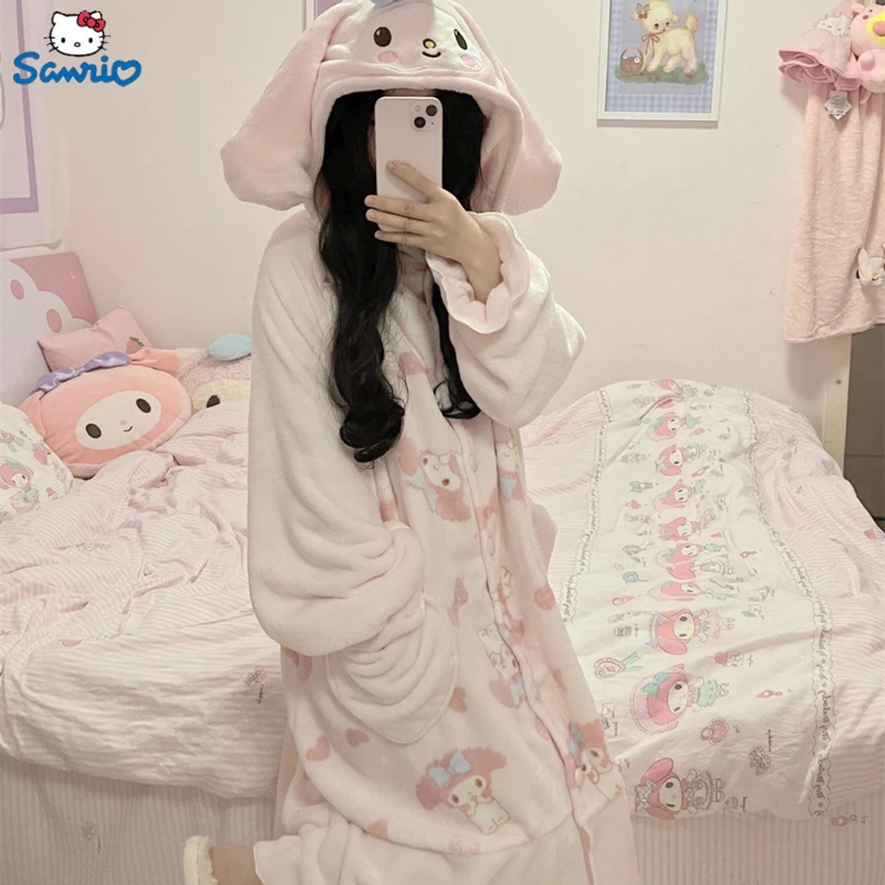 

Hot Sanrio Cartoon My Melody Pajamas Nightgown Set Two Piece Female Coral Velvet Kawaii Anime Women Girl Nightdress Indoor Home