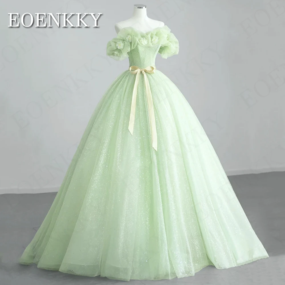 

Glitter Tulle Prom Dress Green вечернее платье 3D Flowers Off Shoulder Sequin A-Line Formal Occasion Dresses Green Floor Length