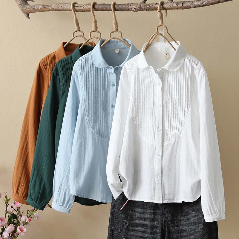 

2023 New Simple Casual Women Cotton Shirt Solid Color White Blue Green Women Long Sleeve Shirts Tops Office Lady Blouses Clothes