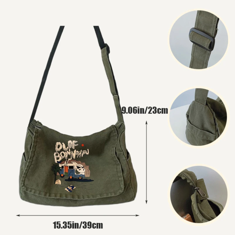 Casual Women's Shoulder Bag Canvas Cartoon Print Large Capacity Crossbody Bag for Daily Use Messenger Bag