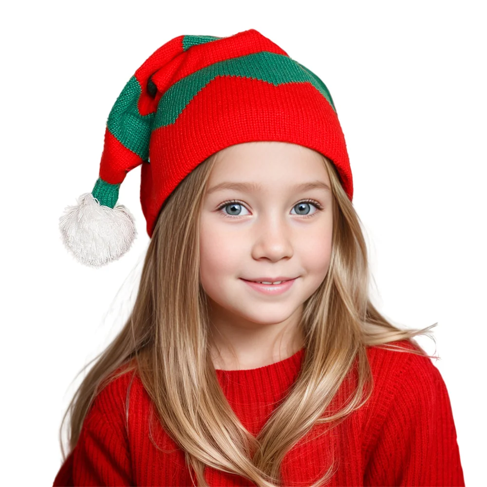 Adult Kids Knitted Christmas Hats Women Men Boy Girl Red Green White Stripe Parent-Child Beanie Pompom Hat Merry Christmas Gifts