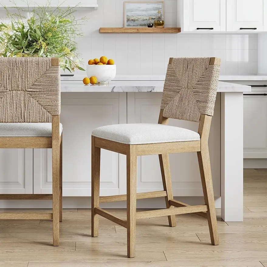 

Nathan James Beacon Bohemian Boucle Bar Stool, Upholstered Counter Height Chair with Solid Wood Frame and Woven Seagrass