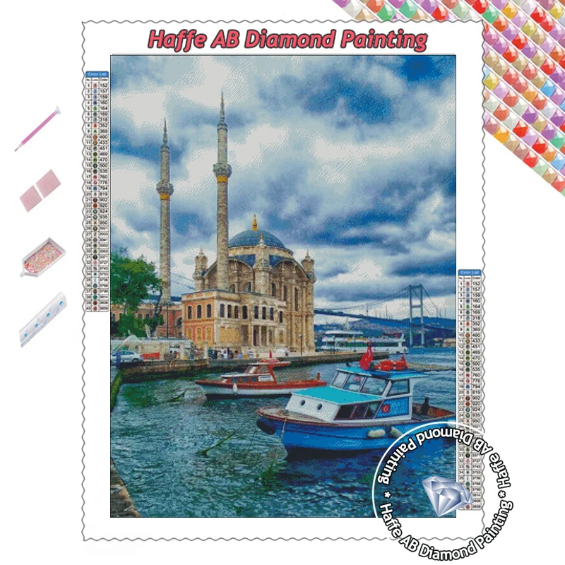 Religious Ortak&ouml;y Mosque And Bosphorus Bridge Istanbul Turkey Landscape Diamond Painting AB Drills Cross Stitch Home Decor