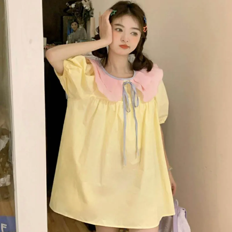 

Summer Sweet Peter Pan Collar Puff Sleeve Dresses Women Color Collision A-line Loose Preppy Style Bow Lace-up Short Dress Female