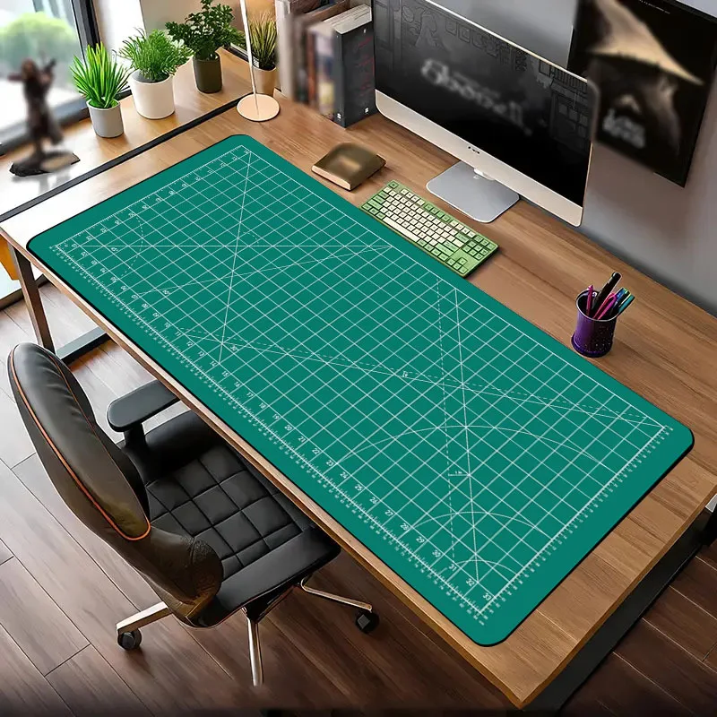 Oversized Green Grid Gaming Mouse Pad with Smooth Surface and Anti-Slip Base