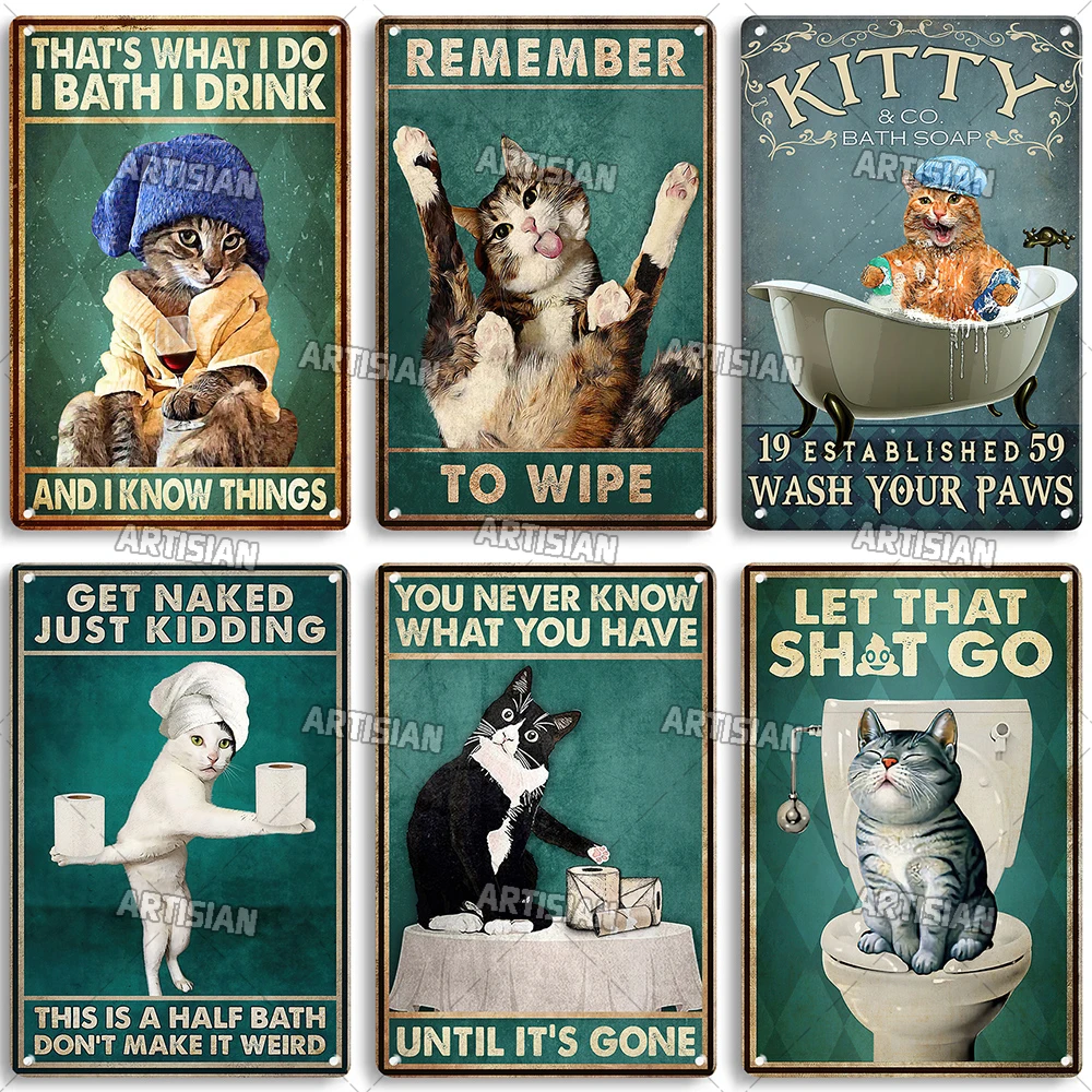 ARTISIAN Vintage Funny Bathroom Metal Poster Weathered Cat Metal Tin Sign Classic Wall Metal Sign Home Bar Club Industrial Decor