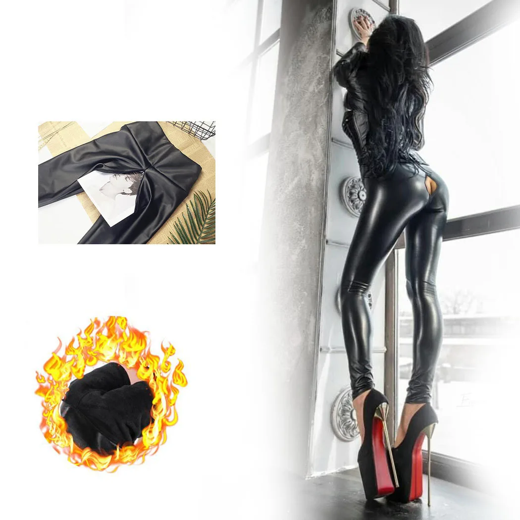 Open Crotch Outdoor Sex Women Fashion Stretch Slim PU Faux Leather Pants High Waist Leggings Waterproof Slim Sexy Black Trousers