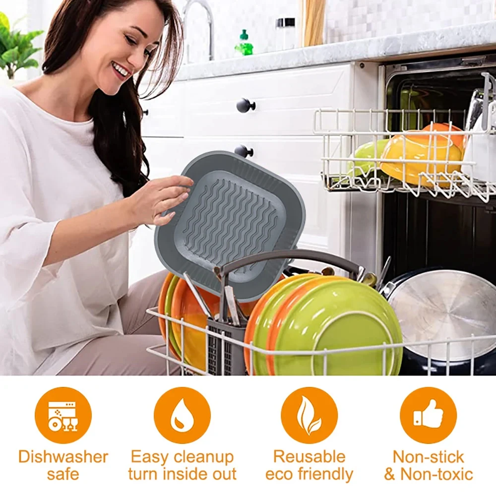 Silicone Air Fryer Pot Tray Food Safe Reusable Square BBQ Barbecue Pad Plate Airfryer Oven Baking Mold Basket Pan for Kitchen 4