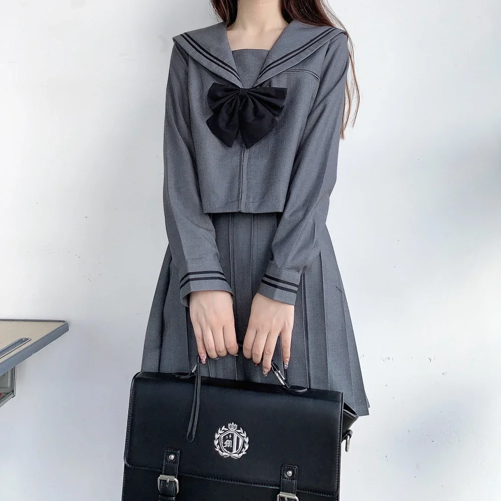 베이직 JK 투라인 그레이 세일러복 일본 교복 졸업복 플리츠 스커트 후쿠 애니..