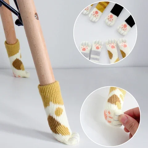 

4Pcs Cat Paw Table Foot Socks Chair Leg Covers Floor Protectors Non-Slip Knitting Socks For Furniture Cartoon Home Decor