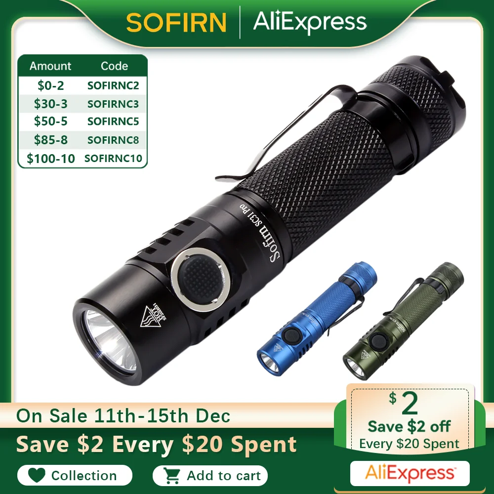 

Sofirn SC31 Pro Powerful 2000LM 18650 Flashlight 6500K SST40 5V/2A Portable Rechargeable LED Lantern USB C Torch Anduril 2.0