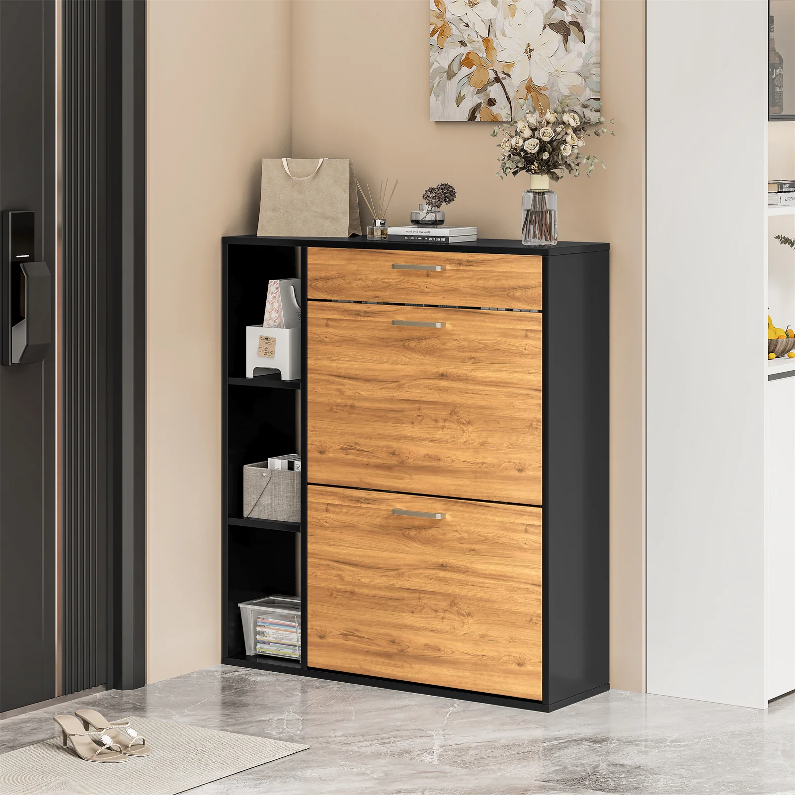 Schuhschrank mit Verstellbaren Regalen Holz-Schuhschrank 2 Klappbare Schubladen Absenkbarer Schuhaufbewahrungsorganizer Schrank – Detail 5