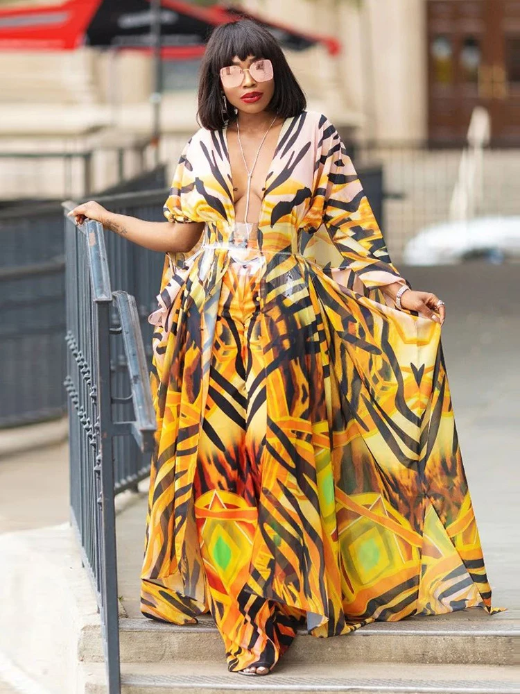 2023 Elegant Kaftan Long Print Tunic Loose Maxi Dress Vintage Bikini Women Summer Clothing Beach Wear Swim Suit Cover Up A2020 6