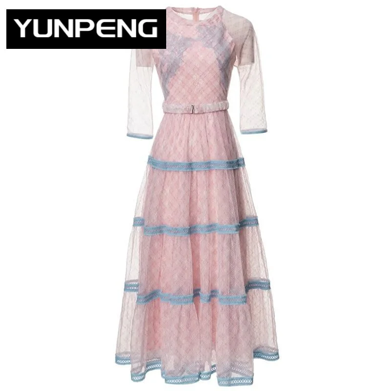 

Summer Mesh Dress Women O-Neck Half Sleeve Belt Flowers Print Vintage Party Long Dresses For Women 2023 Runway Luxury Brand High