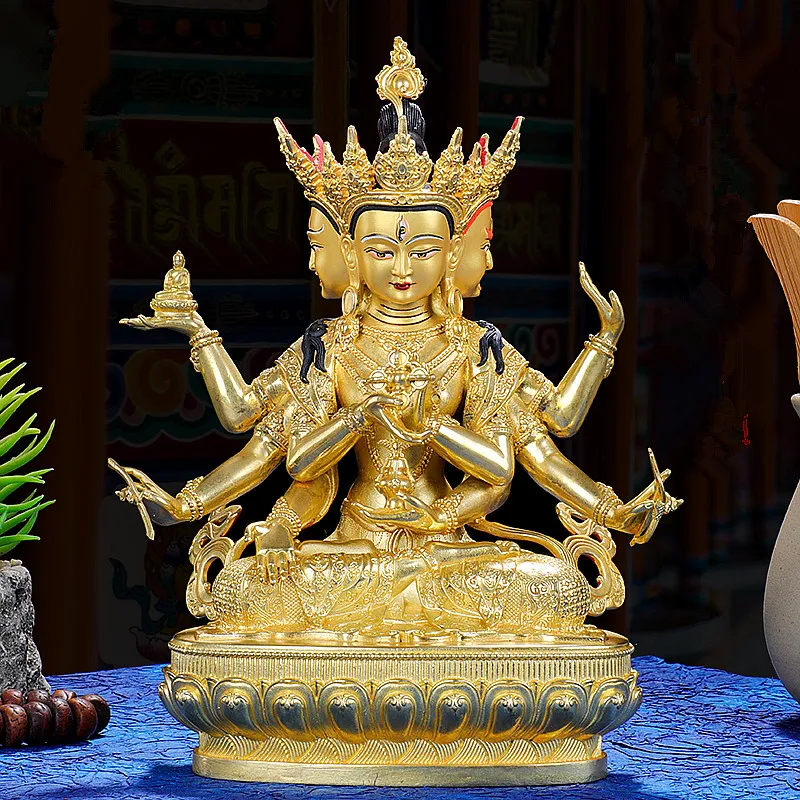 

21.5cm Gold Copper Ushnishavijaya Guanyin Carving Buddhist Retro Carving Tranic Temple Decorate Bodhisattva Figurine