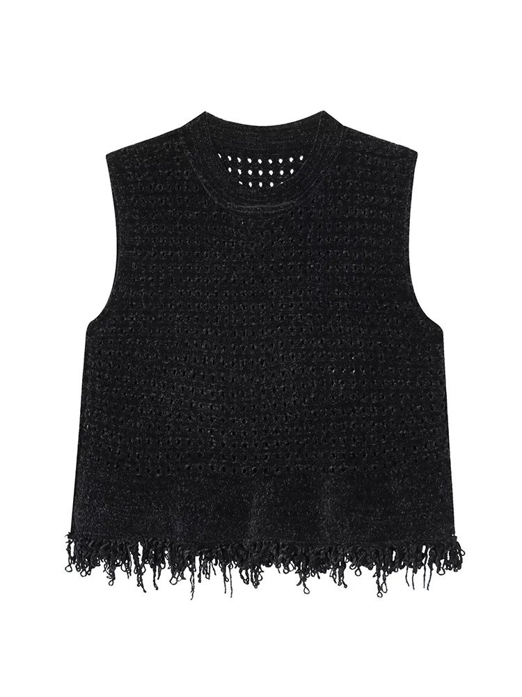 TFMLN Elegant Women Hollow Out Tank Top Chic Tassel Knitted Sleeveless Vest Top Spring Summer Holiday High Street Tank Tops