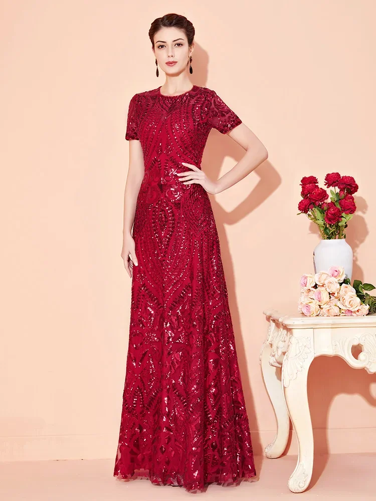 A-Line Wine Red Mother Of Bride Dresses Long Modest Floor-Length O-Neck Sequin Wedding Party Dresses