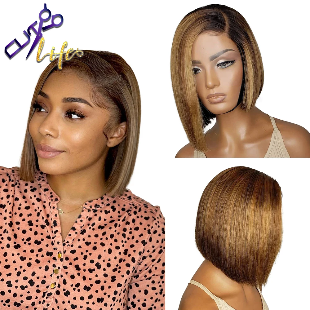 Highlight Color Short Cut Wavy Bob Pixie Wig 13X4 Lace Front Wigs Peruvian Human Hair Wigs Straight Pre plucked For Black Women
