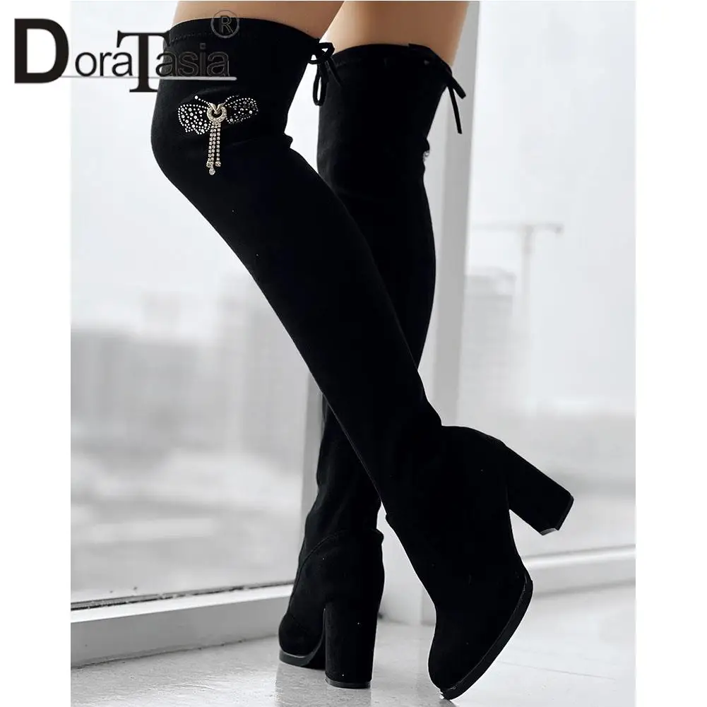 Brand New Ladies Solid Thigh High Boots Fashion Butterfly Tassel Thick High Heels women's Boots Party Office Sexy Woman Shoes