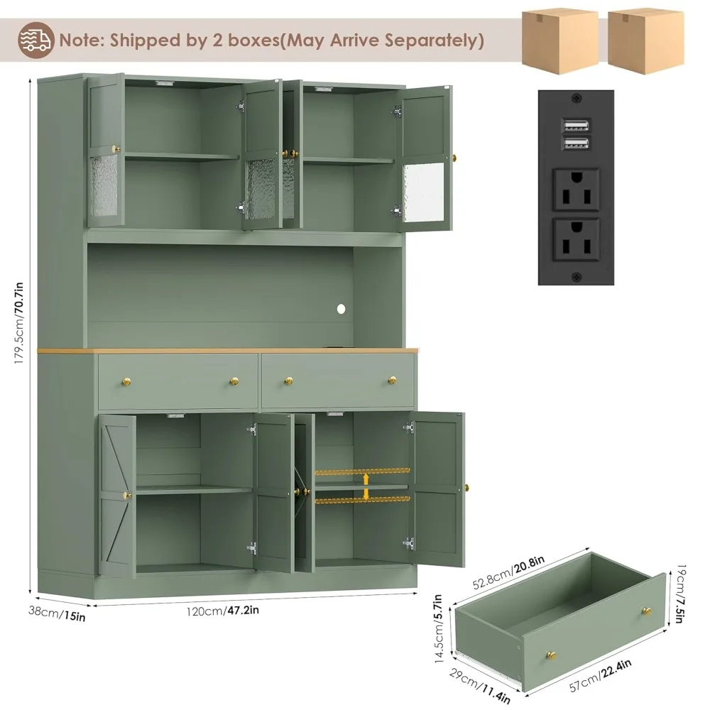 71" Pantry Cabinet with LED Light and Charging Station, Farmhouse Kitchen Pantry Cabinet with Microwave Stand, Customized 3