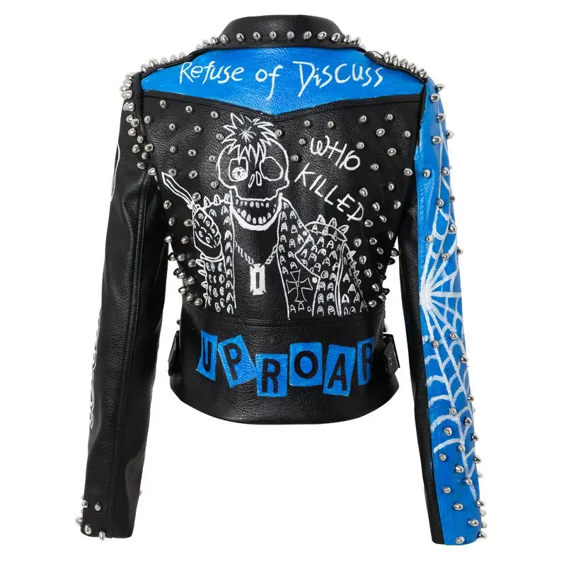 Slim Cropped Leather Jacket for Women 2024 Trend Punk Rivets Style Streetwear Graffiti Print Faux Leather Motorcycle Jackets