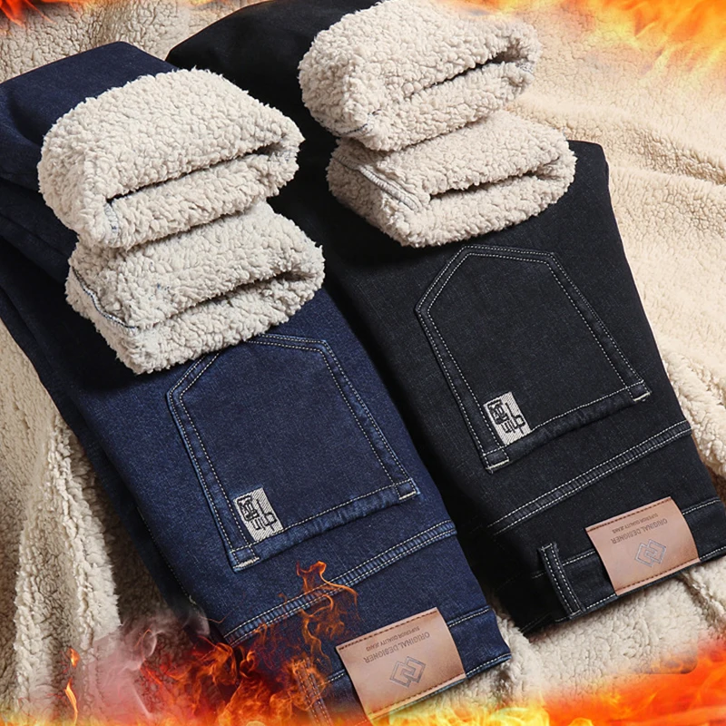 Autumn Winter Men Classic Fleece Jeans Male Business Fashion Casual Slim Stretch Lambswool Pants Winter Warm Thermal Trousers