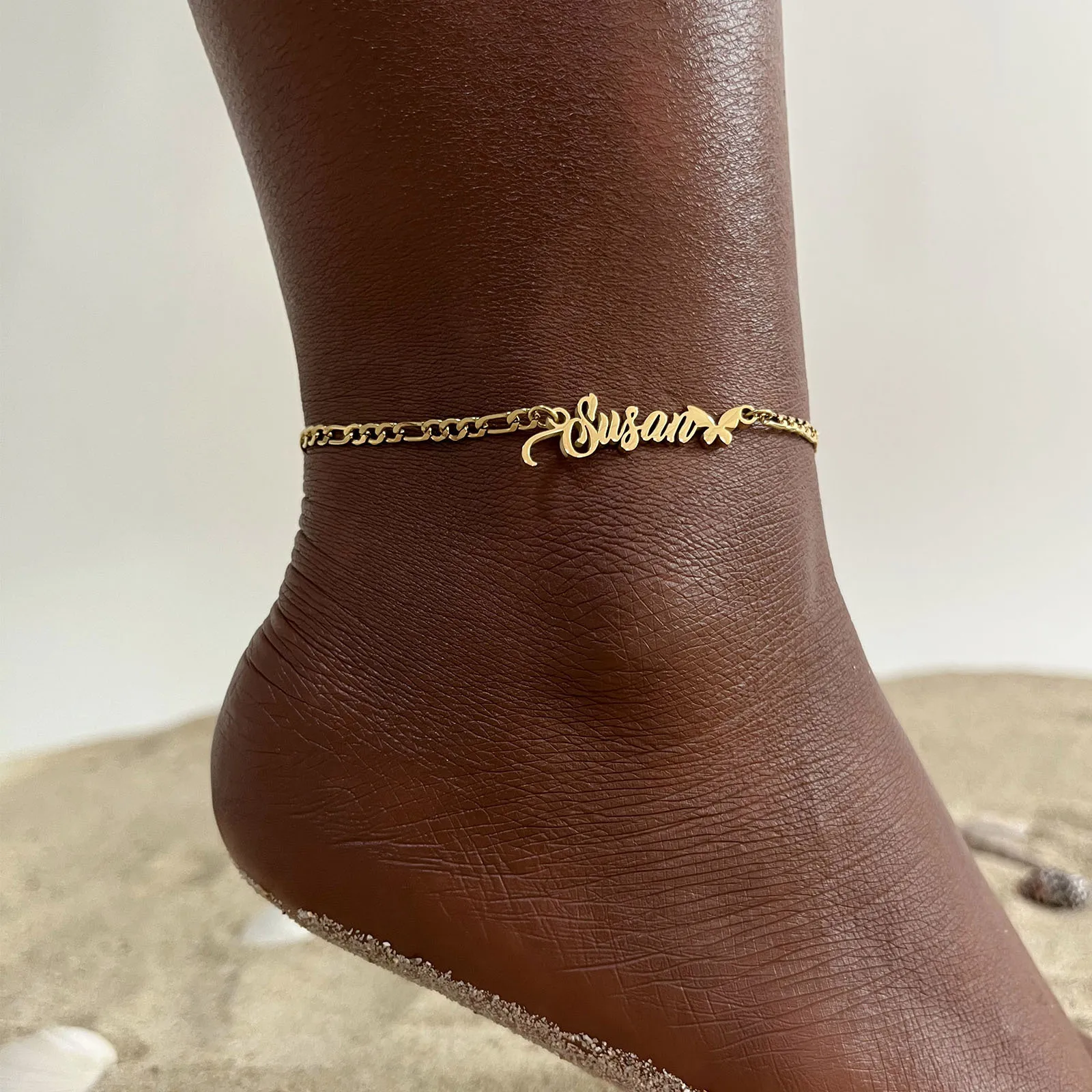 Customized Name Anklet Bracelet With Butterfly, Figaro Chain Link, Stainless Steel Beach Summer Anklets Personalized Gift