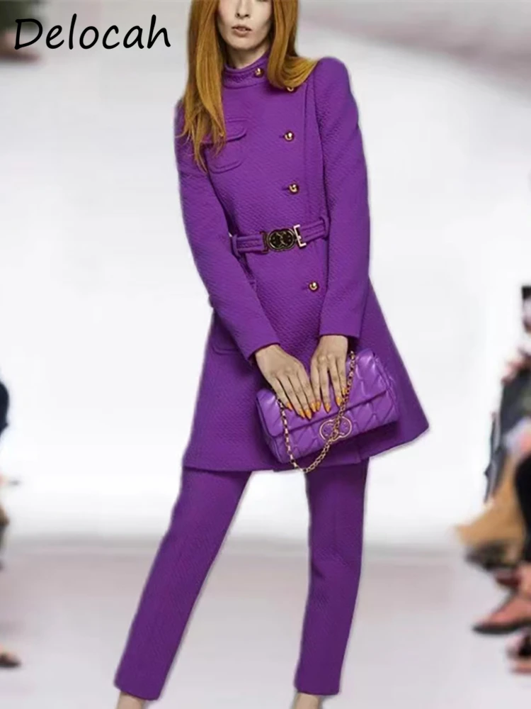 

Delocah/высокое качество, осенние женские модные Подиумные штаны, комплекты с длинным рукавом, фиолетовое Прямое пальто с принтом + длинные штаны с высокой талией, костюмы