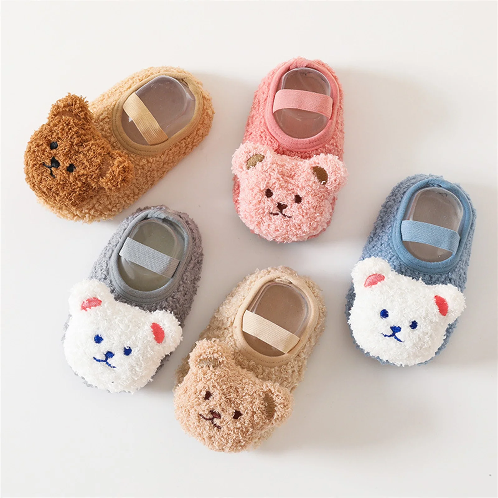 Baby Boys Girls Fuzzy Slipper Soft Bear Crib Floor Shoes Infant Winter Shoes Soft Sole Rubber Anti-slip Socks Newborn Foot Socks