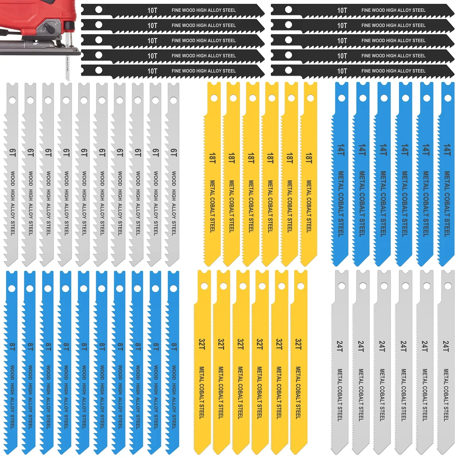 

54Pcs Jig Saw Blade Set High Carbon Steel Assorted Saw Blades with U-shank Sharp Fast Cut Down Jigsaw Blade Woodworking Tool