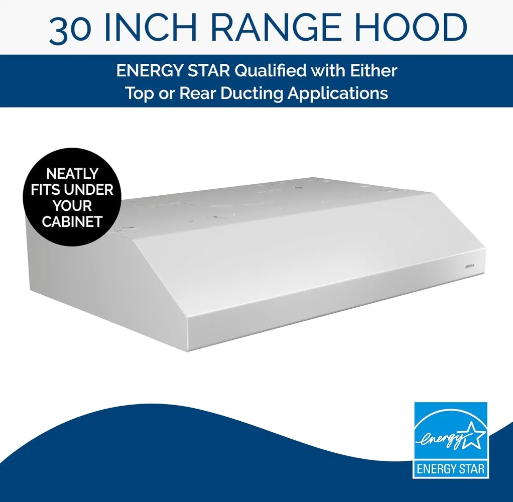 Broan-NuTone Energy Star Certified Ligh Glacier 30in Under-Cabinet 4-Way Convertible Range Hood W/ 2-Speed Exhaust Fan and Light 2